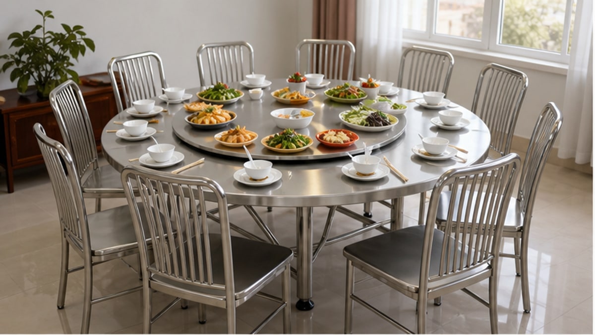 Bàn xoay inox trong không gian ăn uống sạch gọn