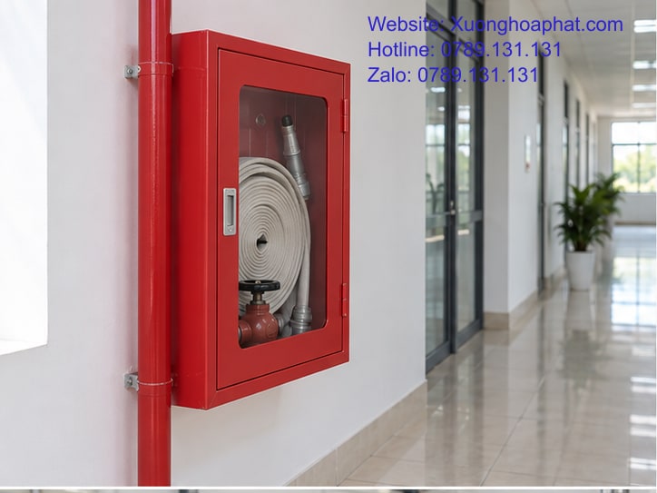 Bảo Trì Tủ PCCC: Ghi Nhận Hư Hỏng Để Quyết Định Sửa Thay 2 Tủ PCCC màu đỏ trong hành lang khi rà soát bảo trì