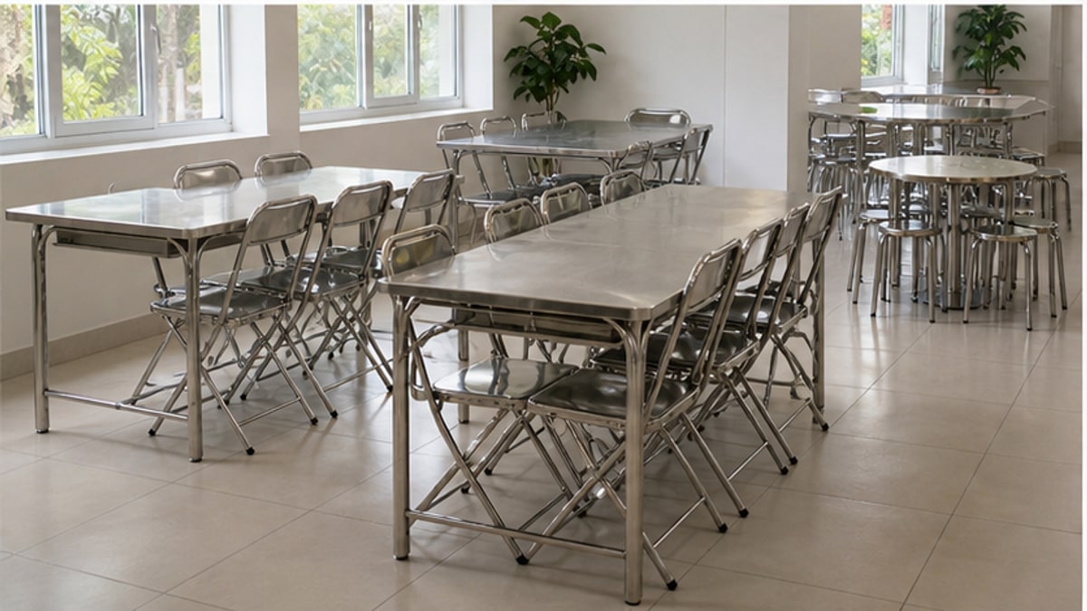 Bộ Bàn Ghế Inox Chữ Nhật: So Sánh Kiểu Dáng Và Công Năng 4 Bố trí bộ bàn ghế inox chữ nhật trong căn tin văn phòng