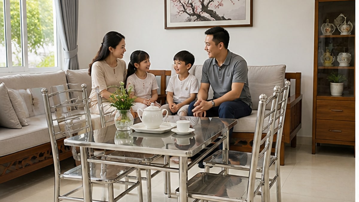 Bộ bàn ghế inox phòng khách đặt trong nhà gọn gàng