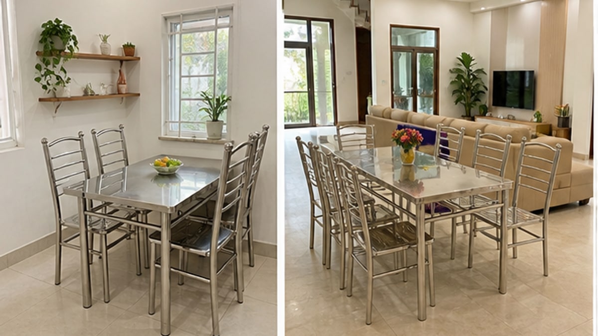 Bộ bàn ghế inox phòng khách được bố trí theo tỷ lệ không gian