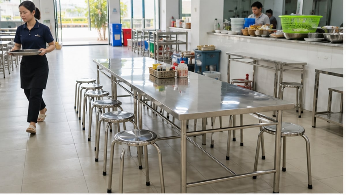 Bộ bàn inox 10 ghế trong canteen có lối đi thoáng