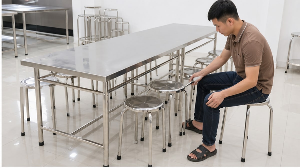 Kiểm tra khoảng ngồi của bộ bàn inox 10 ghế
