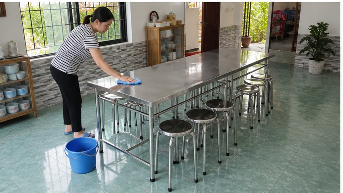 Lau dọn bộ bàn inox 10 ghế sau bữa ăn