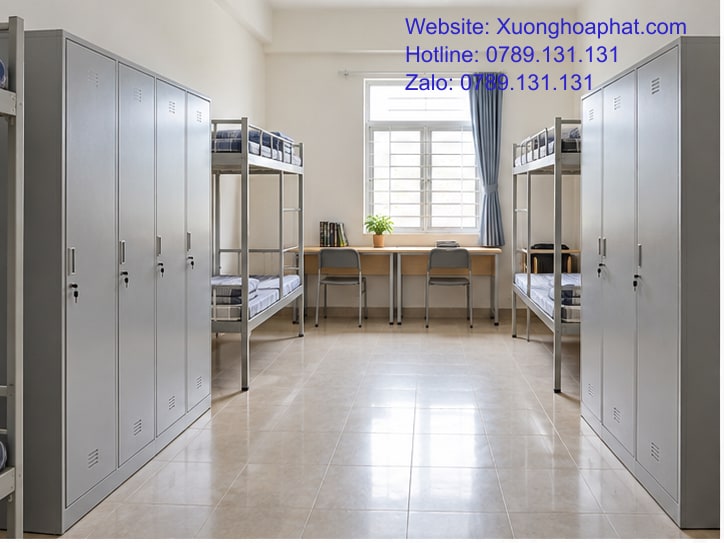 Bố Trí Tủ Sắt Ký Túc Xá Để Mở Cánh Và Lấy Đồ Thuận Tiện 2 Bố trí tủ sắt ký túc xá dọc tường và chừa lối đi