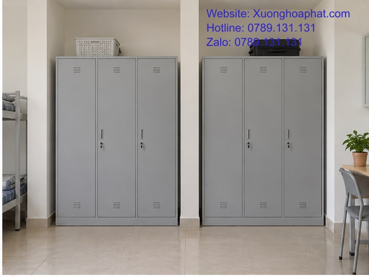 Bố Trí Tủ Sắt Ký Túc Xá Để Mở Cánh Và Lấy Đồ Thuận Tiện 3 Tủ sắt chia cụm theo các mảng tường phòng ký túc xá