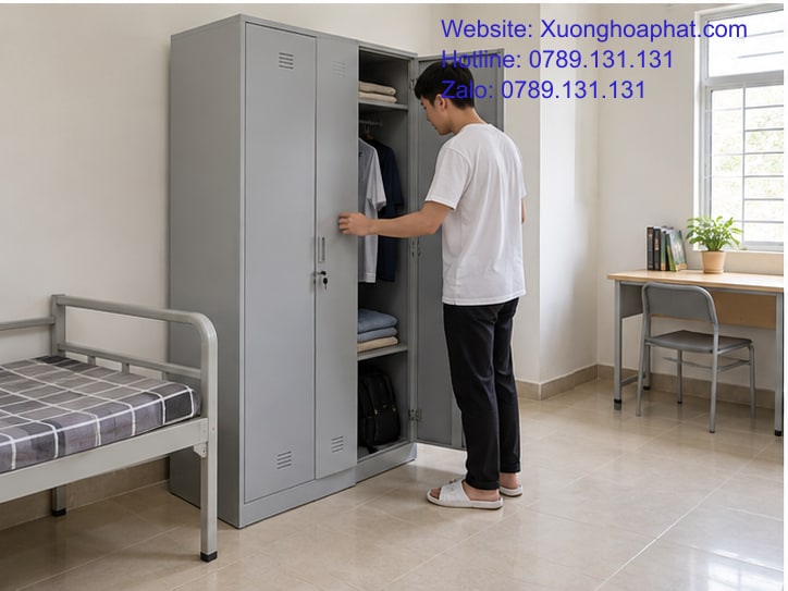 Bố Trí Tủ Sắt Ký Túc Xá Để Mở Cánh Và Lấy Đồ Thuận Tiện 4 Sinh viên mở tủ sắt trong phòng ký túc xá