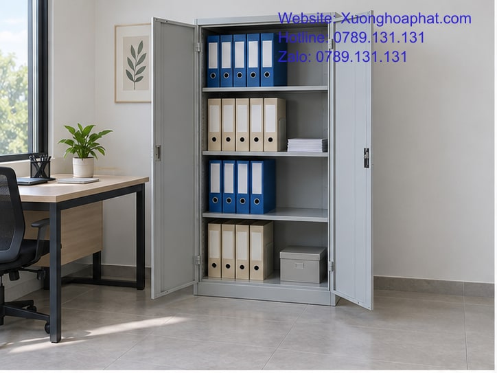 Cách sắp xếp hồ sơ trong tủ sắt theo nhóm bìa đứng.