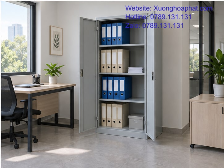 Tủ hồ sơ sắt chia khoang trong văn phòng nhỏ.