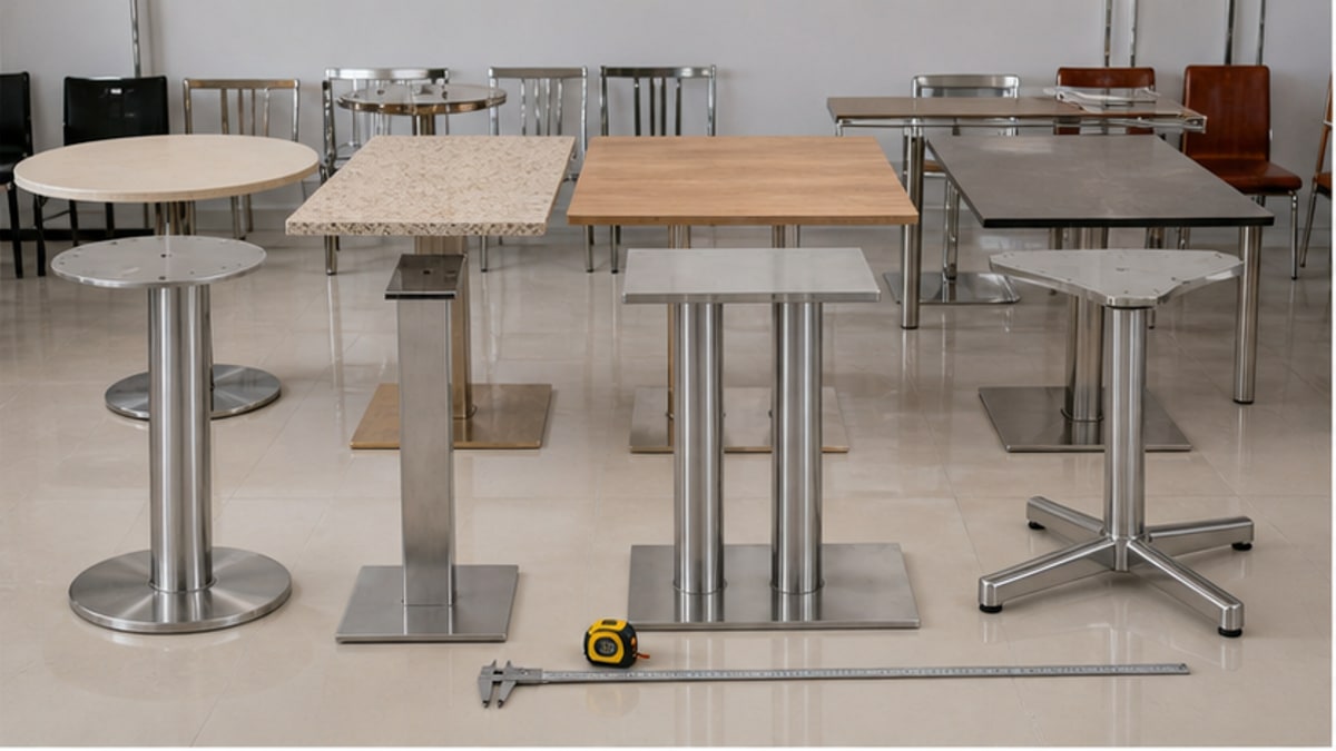 Chân bàn inox trong showroom với nhiều kiểu mặt bàn