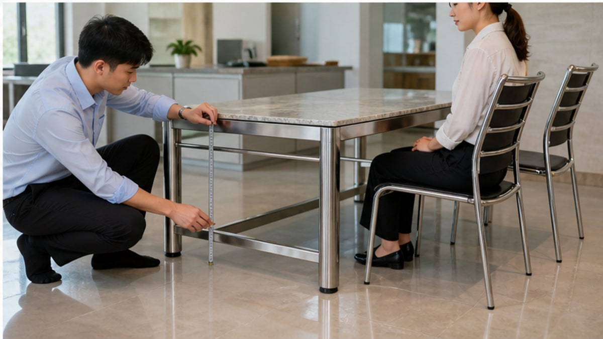 Chân bàn inox phối với mặt bàn và ghế đúng tỷ lệ