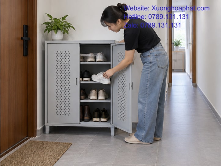 Chọn Tủ Để Giày Hành Lang Nhỏ: Đo Chỗ Đặt Và Khoảng Mở 3 Tủ giày sắt mở cánh trong lối vào nhà nhỏ.