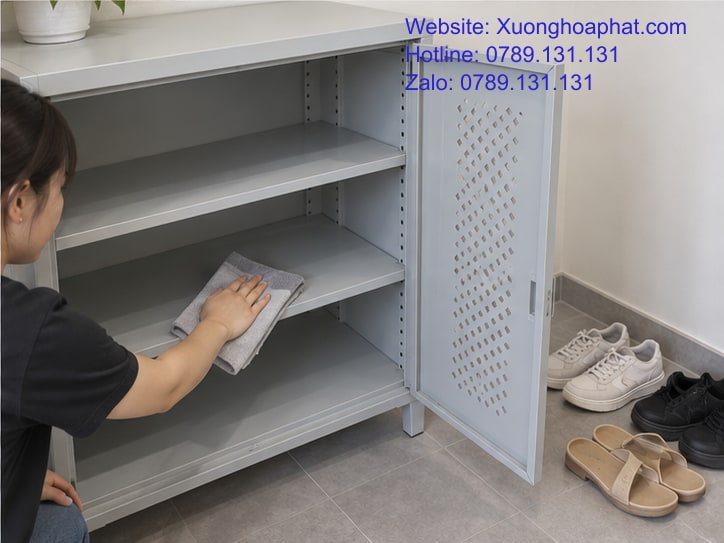 Chọn Tủ Để Giày Hành Lang Nhỏ: Đo Chỗ Đặt Và Khoảng Mở 5 Lau sạch tầng tủ để giày sắt tại lối vào.