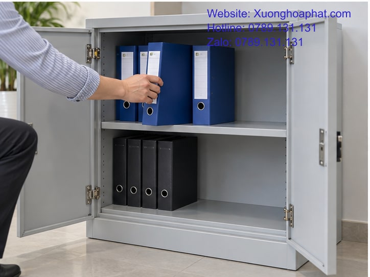 Chọn Tủ Hồ Sơ Văn Phòng Nhỏ Để Cửa Mở, Ghế Kéo Không Vướng 4 Khoang tủ hồ sơ sắt được thử bằng bìa tài liệu đang dùng.