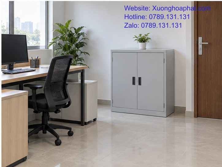 Chọn Tủ Hồ Sơ Văn Phòng Nhỏ Để Cửa Mở, Ghế Kéo Không Vướng 5 Bố trí tủ hồ sơ văn phòng nhỏ cạnh bàn với lối đi thông thoáng.