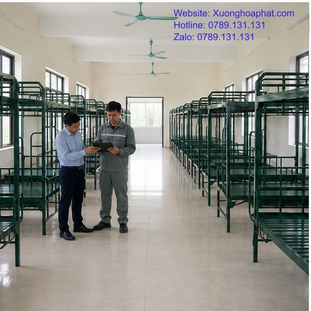 Nghiệm thu lô giường sắt quân đội trong phòng tập thể