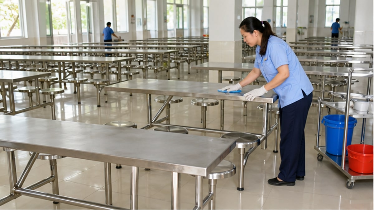 Ghế liền bàn inox trong căn tin sạch và rộng lối đi