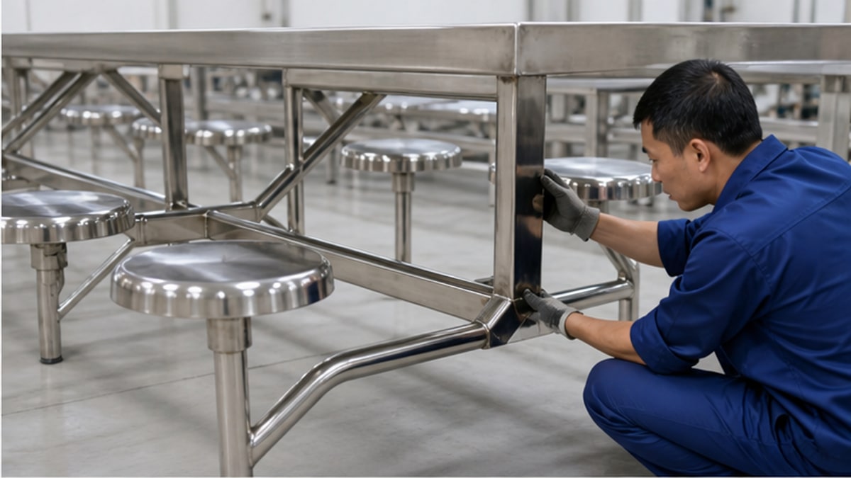 Khung chân ghế liền bàn inox được kiểm tra trong xưởng