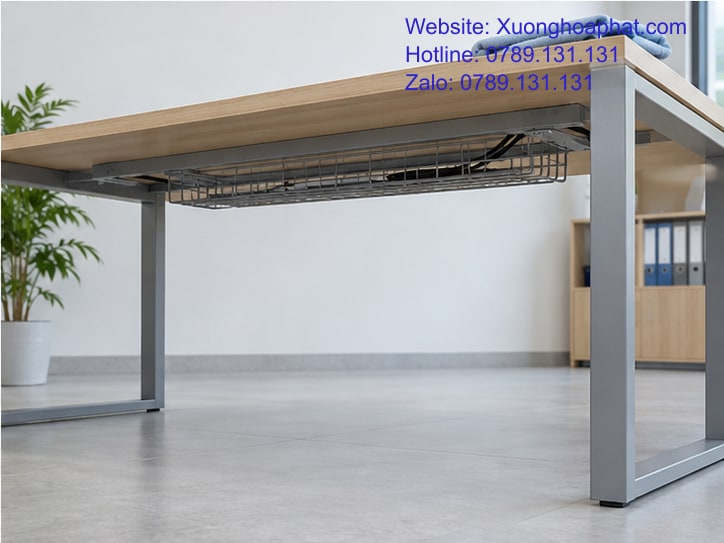 Máng dây và khoảng trống dưới bàn khung sắt trong văn phòng