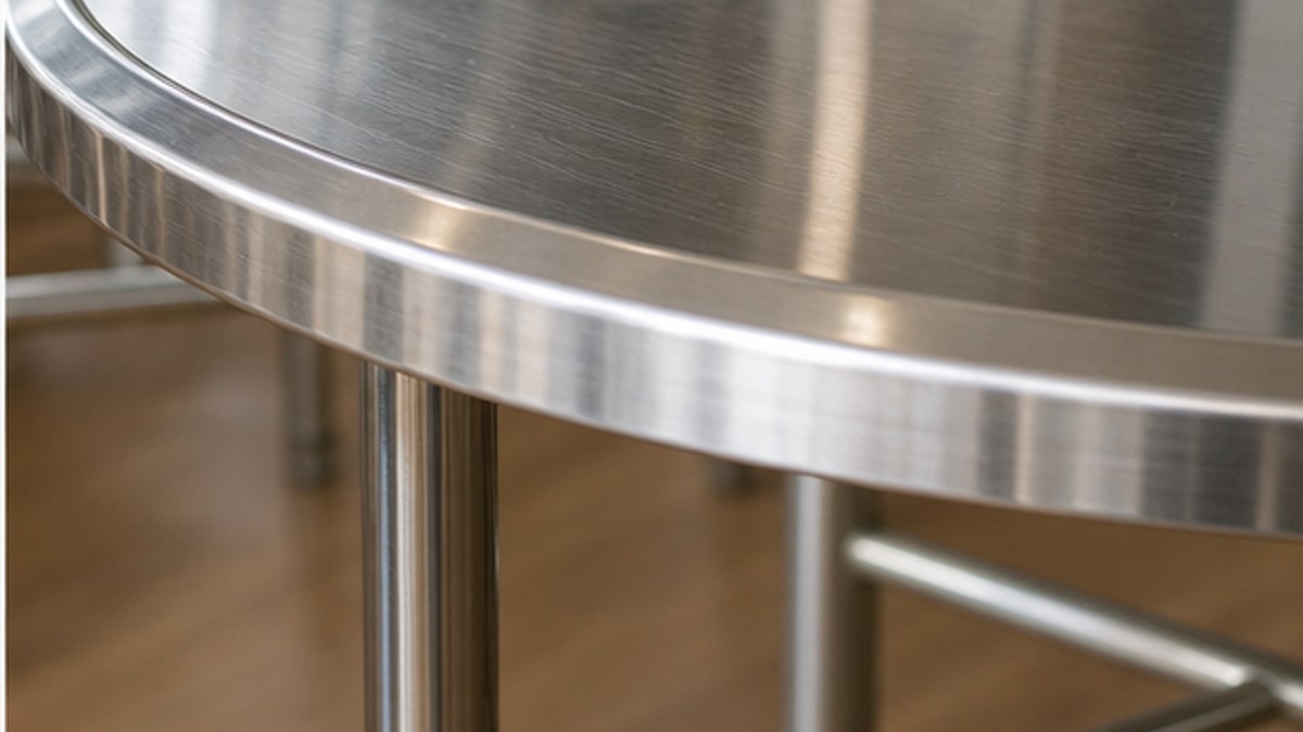 cận cảnh mặt bàn tròn inox và chân bàn inox