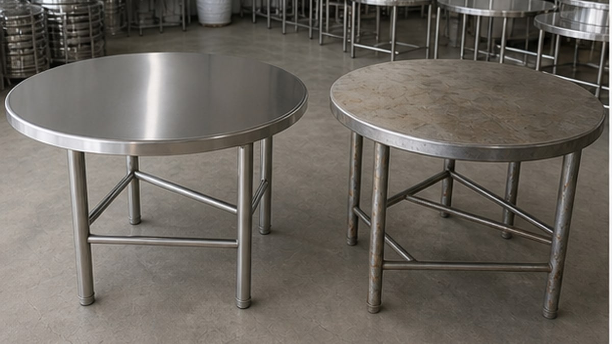bàn tròn inox mới và bàn tròn inox thanh lý trong showroom