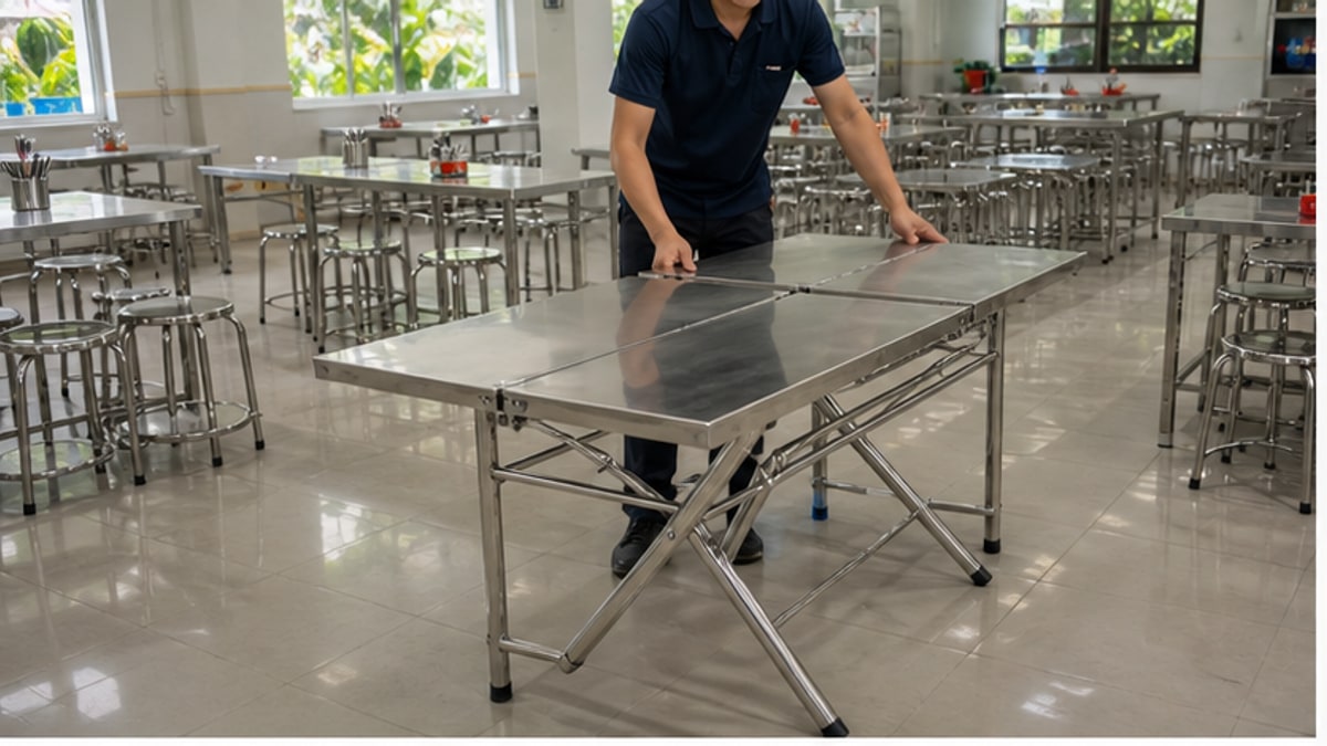 Giá bàn xếp inox trong không gian quán ăn gọn sạch