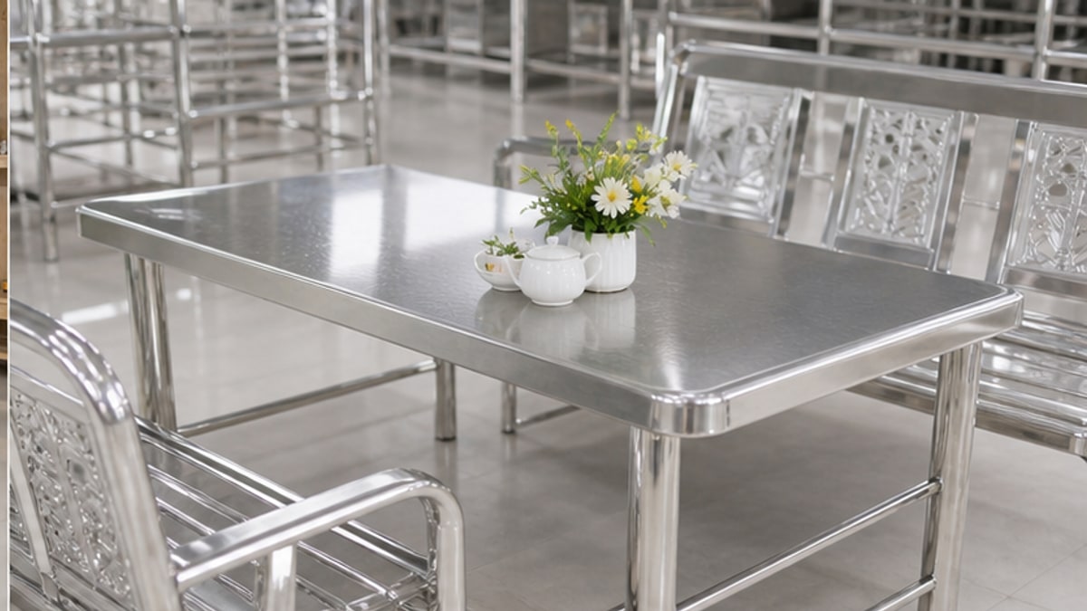 bộ bàn ghế inox với mặt bàn và ghế đồng bộ trong showroom