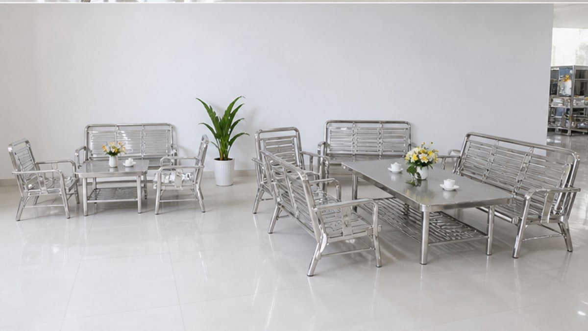 bàn ghế inox phòng khách đẹp cho nhà nhỏ và khu tiếp khách rộng