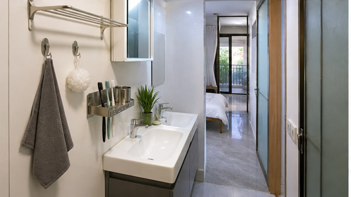 Giá treo bàn chải inox trong khu vệ sinh homestay dễ lau dọn
