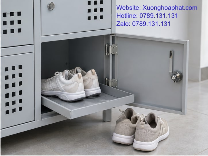 Giá Tủ Sắt Để Giày: Khoản Nào Cần Có Trong Báo Giá? 3 Cận cảnh cửa và khay của tủ sắt để giày.