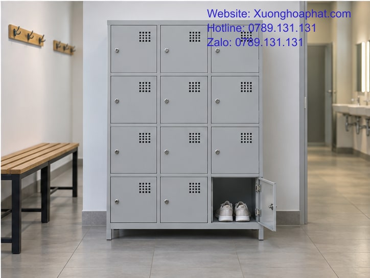 Giá Tủ Sắt Để Giày: Khoản Nào Cần Có Trong Báo Giá? 5 Tủ giày sắt bên ghế thay giày với lối đi thông thoáng.