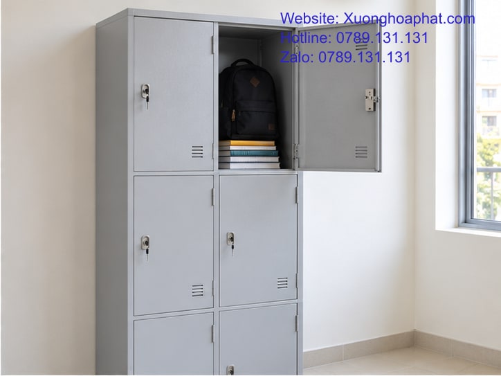 Giá Tủ Sắt Học Sinh Sinh Viên: Tính Theo Chỗ Dùng Được 3 Khoang tủ sắt học sinh mở cửa với sách và ba lô bên trong