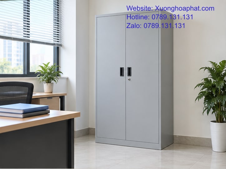 Giá Tủ Sắt Văn Phòng: Những Khoản Nào Đáng Đầu Tư Thêm? 2 Tủ sắt văn phòng màu ghi cạnh khu làm việc hành chính.