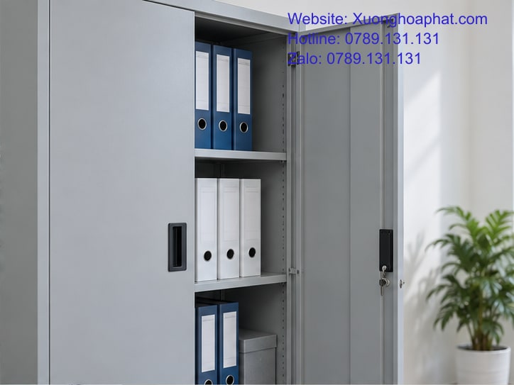 Giá Tủ Sắt Văn Phòng: Những Khoản Nào Đáng Đầu Tư Thêm? 3 Khoang chứa và khóa trên tủ sắt cánh mở.