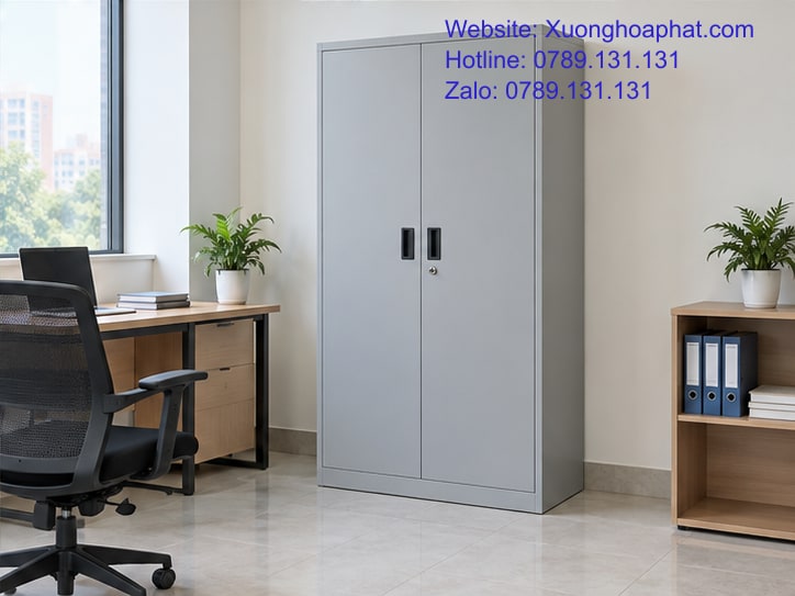 Giá Tủ Sắt Văn Phòng: Những Khoản Nào Đáng Đầu Tư Thêm? 5 Tủ hồ sơ màu ghi với khoảng thao tác phía trước trong văn phòng.