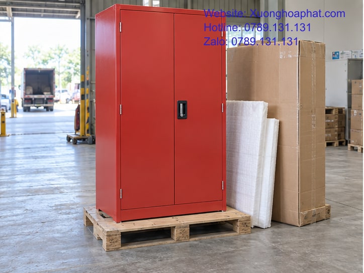 Giá Tủ Sắt Vệ Sinh PCCC: Tách Vỏ Tủ Và Các Khoản Đi Kèm 4 Tủ sắt được đóng gói tại khu tiếp nhận hàng.