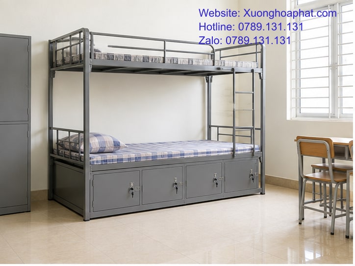 Giường Sắt 2 Tầng Có Tủ Khóa Có Tiện Không? 2 Giường sắt 2 tầng có tủ khóa trong phòng lưu trú tập thể