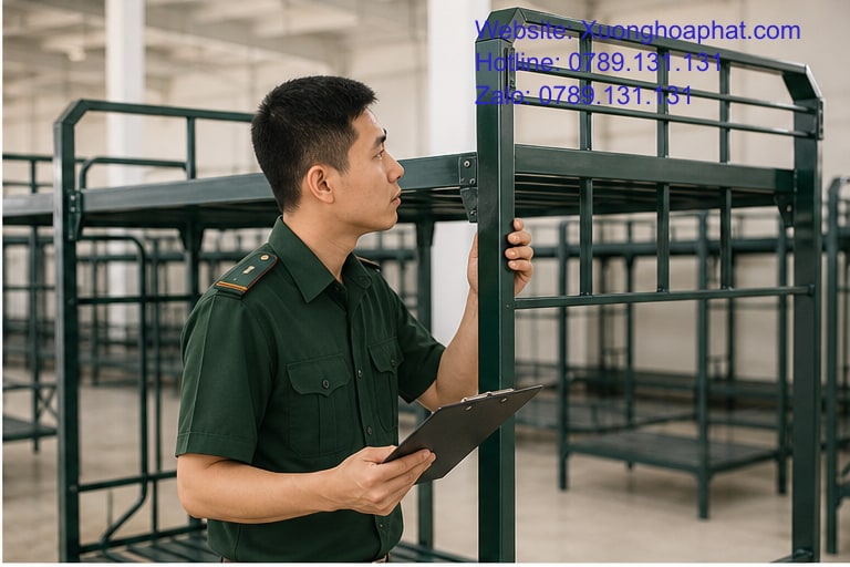 Cách Chọn Giường Sắt 2 Tầng Quân Đội An Toàn, Dễ Sử Dụng 3 Quan sát khung thang và lan can giường sắt quân đội