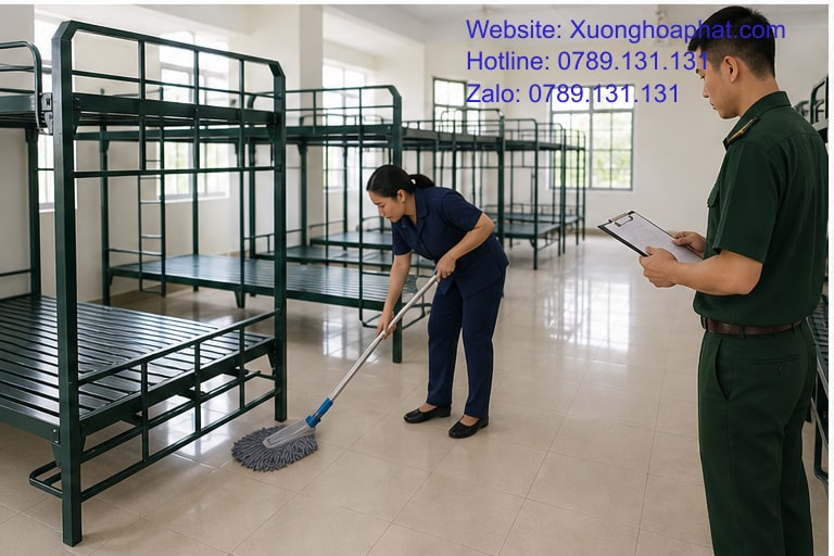 Cách Chọn Giường Sắt 2 Tầng Quân Đội An Toàn, Dễ Sử Dụng 4 Thử vệ sinh dưới gầm giường sắt 2 tầng quân đội