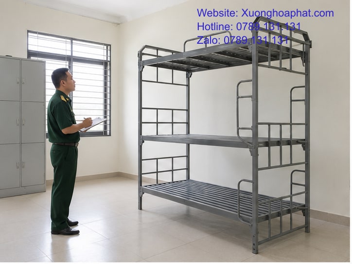 Có Nên Dùng Giường Sắt 3 Tầng Quân Đội? 2 Kiểm tra giường sắt 3 tầng quân đội trong phòng tập thể