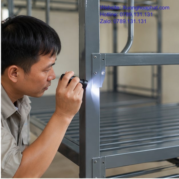 Giường Sắt Chống Gỉ Quân Đội: Cách Kiểm Tra Bề Mặt 3 Quan sát bề mặt giường sắt chống gỉ quân đội tại góc nối