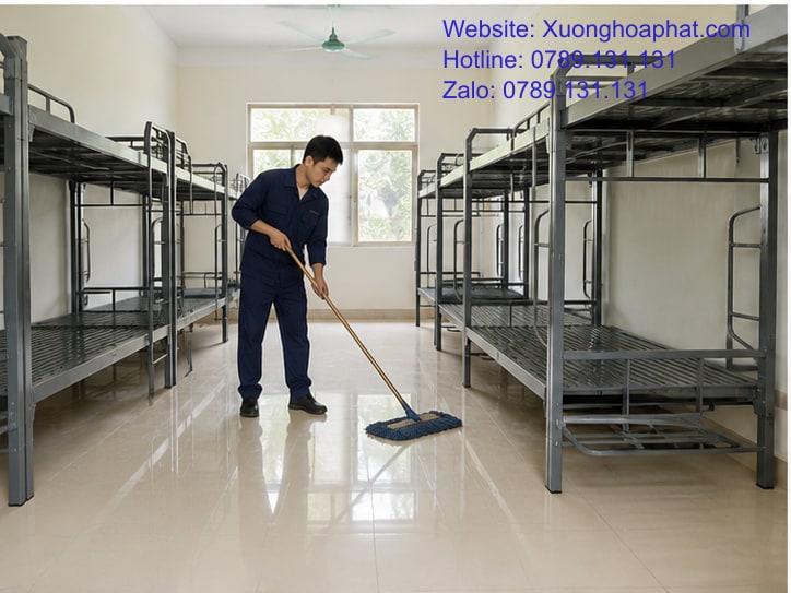 Vệ sinh quanh dãy giường sắt quân đội có thang leo