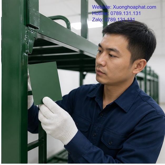 Đối chiếu mẫu màu xanh rêu với khung giường sắt quân đội