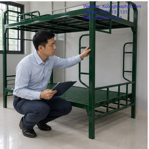Kiểm tra kết cấu giường sắt quân đội màu xanh rêu