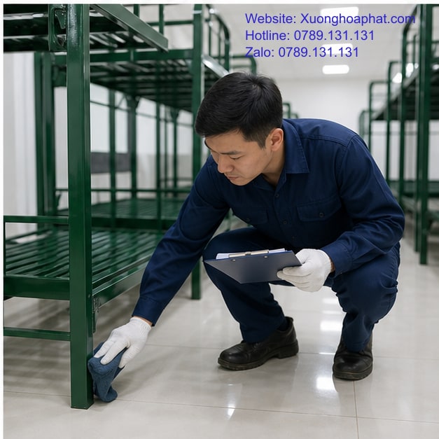 Vệ sinh bề mặt giường sắt quân đội màu xanh rêu