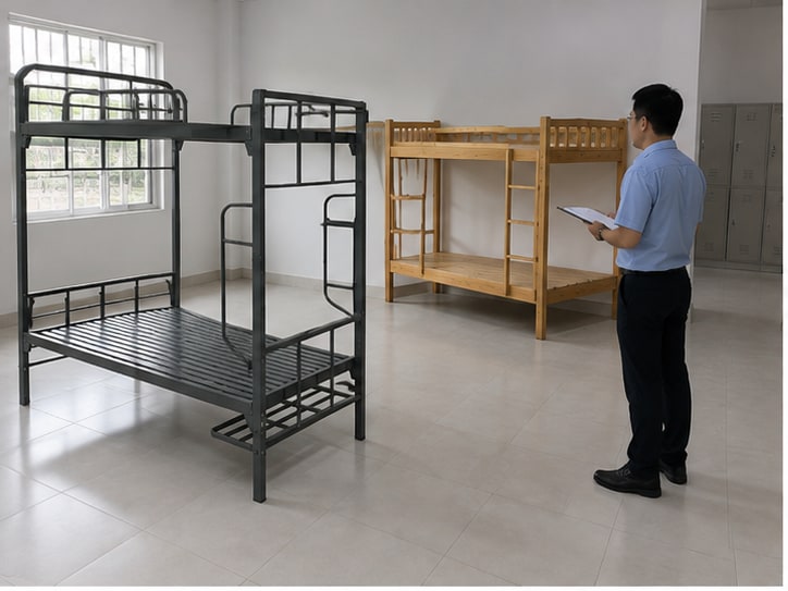 giường sắt quân đội và giường gỗ