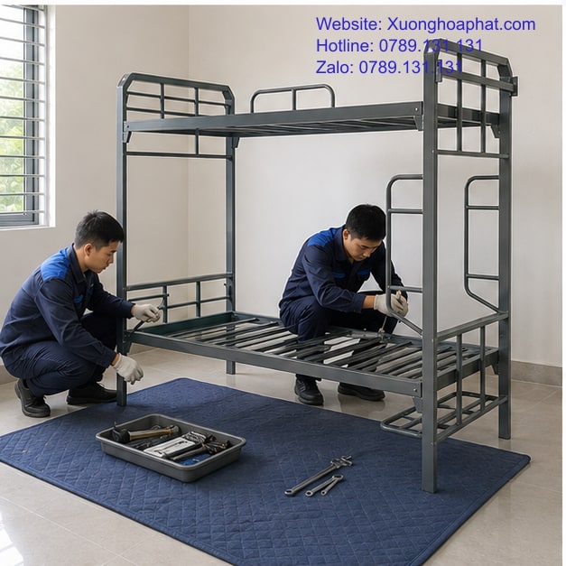 Giường Sắt Sơn Tĩnh Điện Quân Đội: Cách Kiểm Tra 4 Lắp đặt giường sắt quân đội trên tấm lót bảo vệ