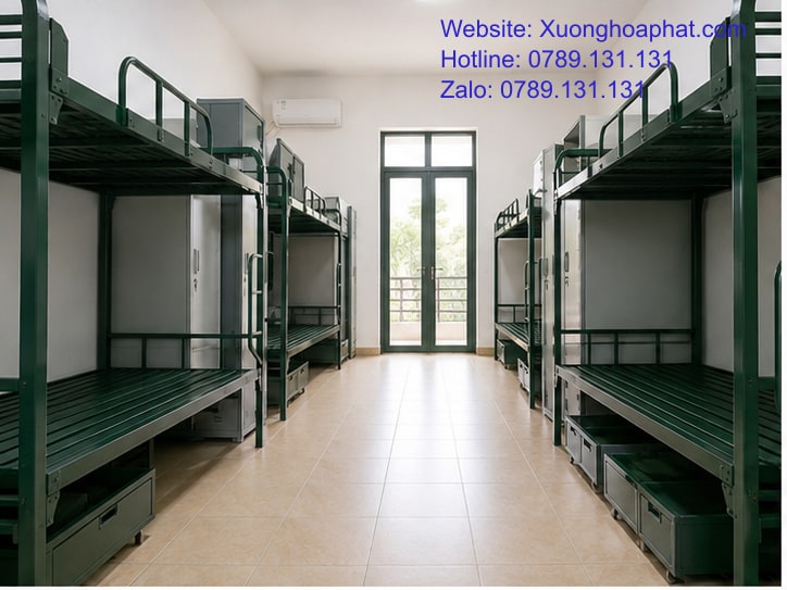 Giường tầng quân đội cho ký túc xá bố trí hai bên lối đi