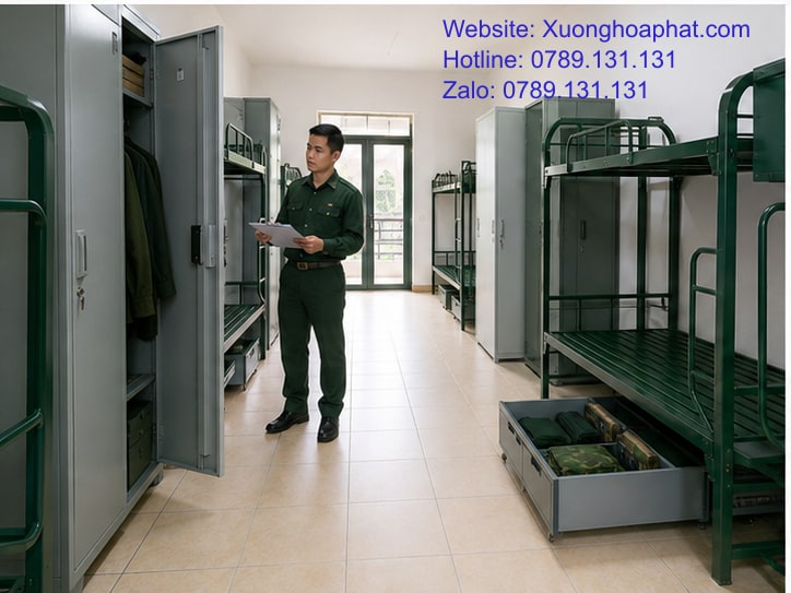 Kiểm tra bố trí giường tầng quân đội và tủ trong phòng mẫu