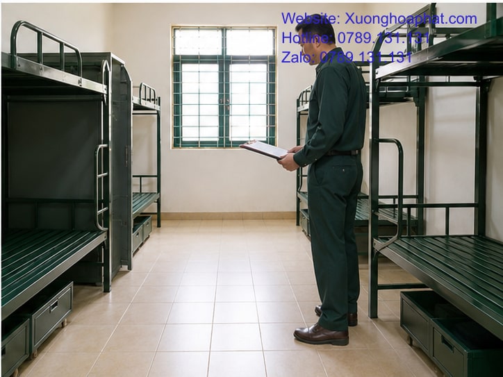 Nhân viên kiểm tra giường tầng quân đội cho ký túc xá